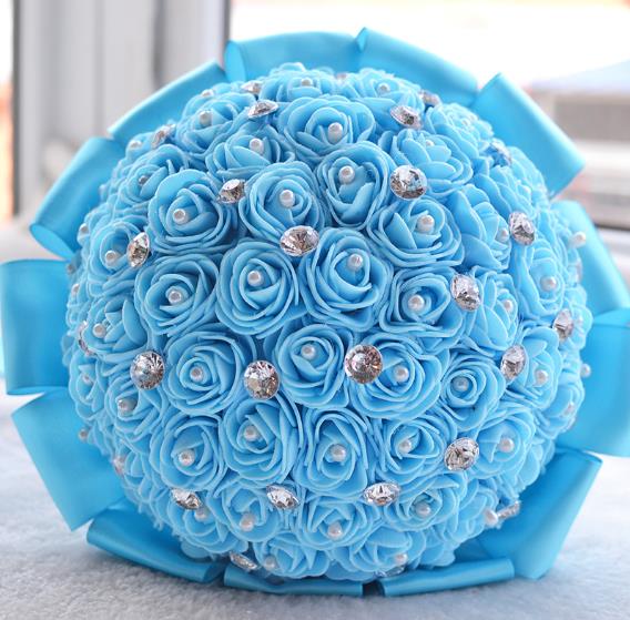 Ramo de flores artificiales para dama de honor, hermoso ramo de flores de boda, blanco, marfil, azul, rojo, cristal, ramos de novia: 03