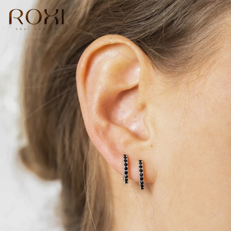 ROXI Simple belle fille Huggies petits cerceaux boucles d'oreilles 925 en argent Sterling cristal Zircon rangée Huggie boucles d'oreilles pour femmes bijoux