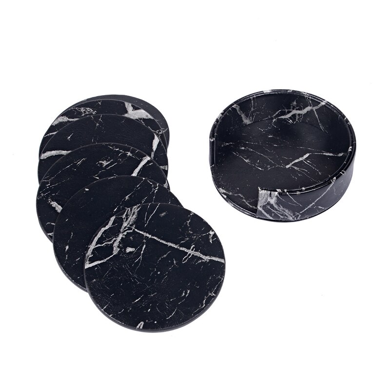 Coasters for drinks 6- stk. med holder, marmor sort rund kopemåtte sæt af hjem og køkken brug tob