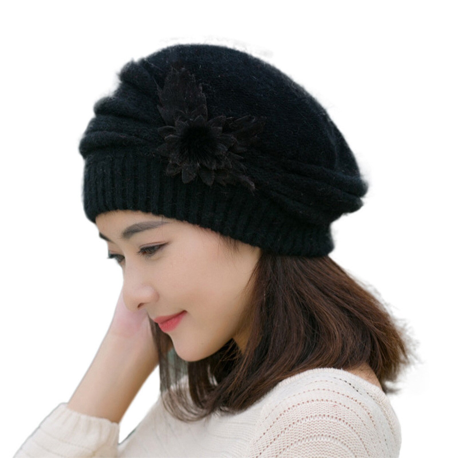 Dames Hoed Bloem Brei Haak Beanie Hat Winter Warm Cap Baret Meisje Mode Motorkap Cap Zachte wol Hoed