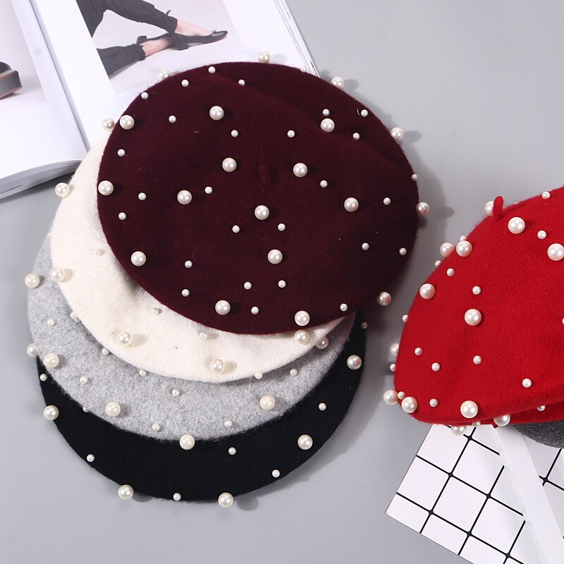 Wool Women Winter berets Luxury pearl rivet Vintage Cashmere Female Warm Vogue beret Hats Girls Flat cap beret for women