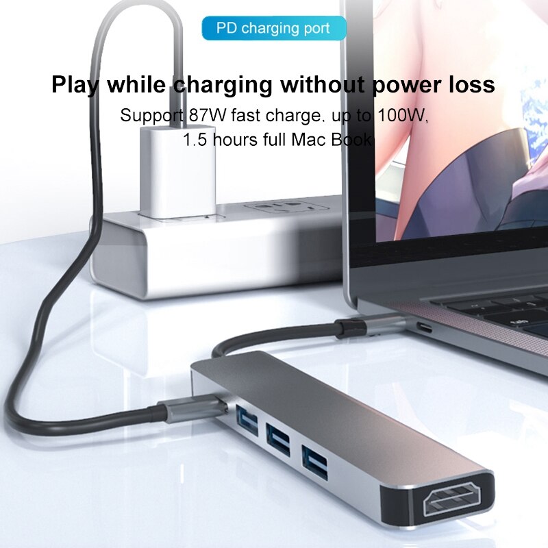 5 in 1 Type C USB Hub USB 3.0 4K HDMI Port Adapter High-Speed PD Charging Docking Station for Office PC Notebook