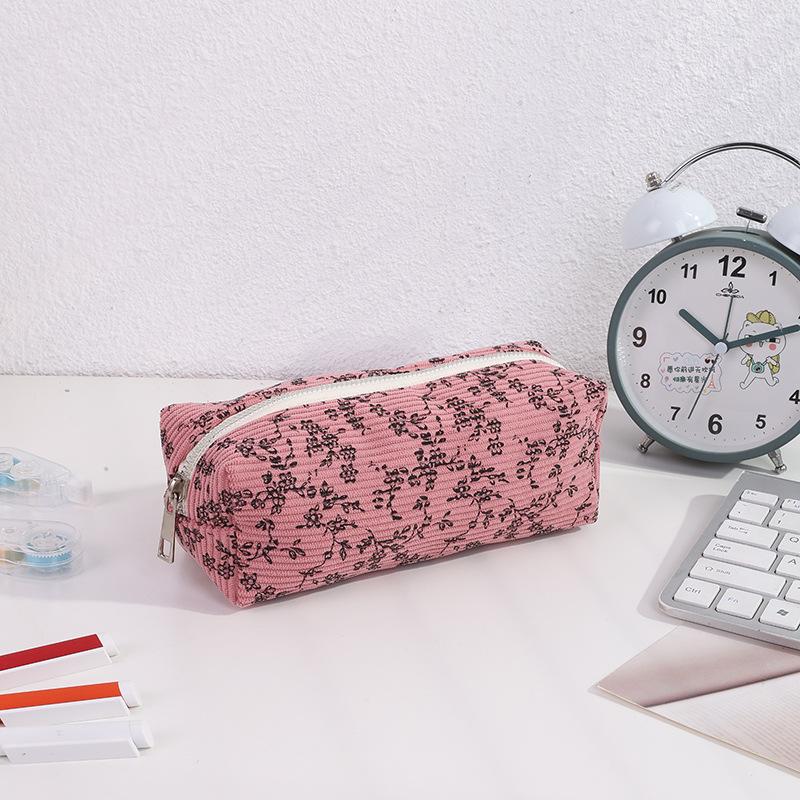 Cute Printed Pencil Case Aesthetic Retro Floral Pencil Pouch Flower Cosmetic Bag Large Capacity Stationery Organizer Supplies: Burgundy
