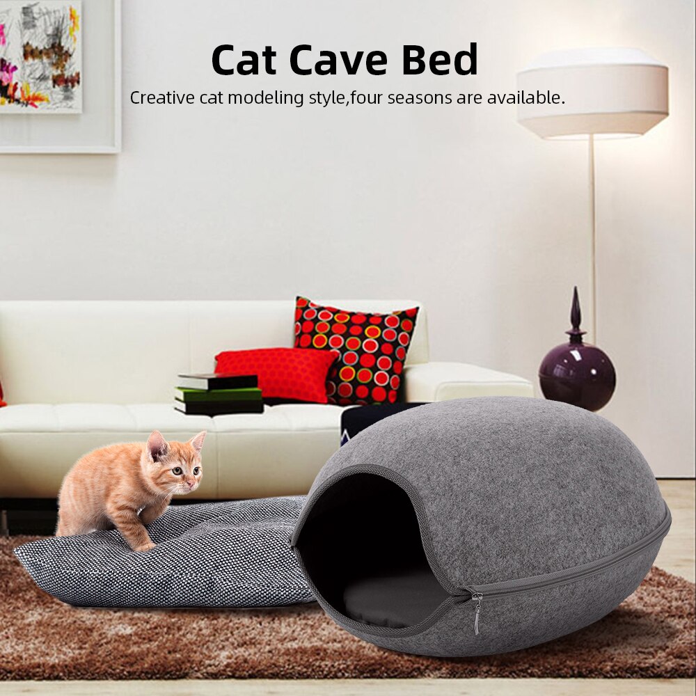 Feutre naturel grotte pour animaux de compagnie pour chat gris/bleu/rose maison pour animaux de compagnie chat lit maison avec coussin fermeture éclair animaux produit toutes les saisons