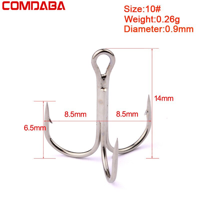 COMDABA 50 unids/lote 1 anzuelo de pesca de acero rico en carbono, anzuelos triples, aparejos de pesca de Color blanco/2/4/6/8/10 # anzuelos de pesca: 35647PS 10