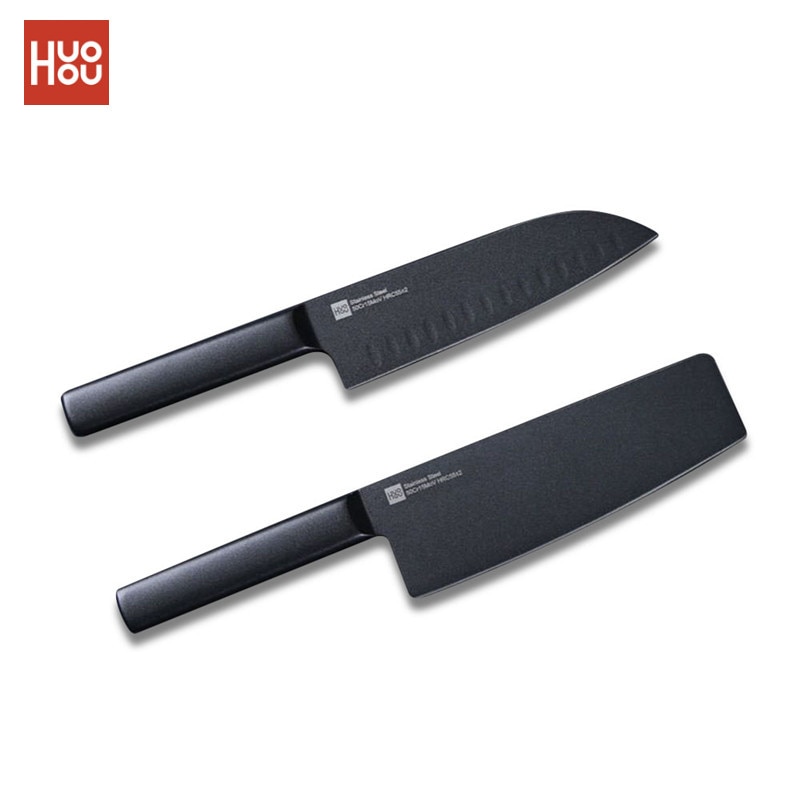 2 st original huohou cool svart kök non-stick kniv i rostfritt stål kniv set 307mm skärkniv  +298mm kockkniv