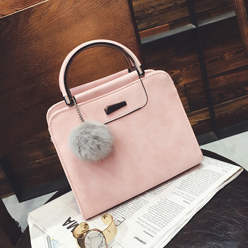 Women Top Handle Satchel PU Leather Handbags Tote Purse Iron Medal Shoulder Bag with Hairball Shoulder & Crossbody Bags Tassel: Pink