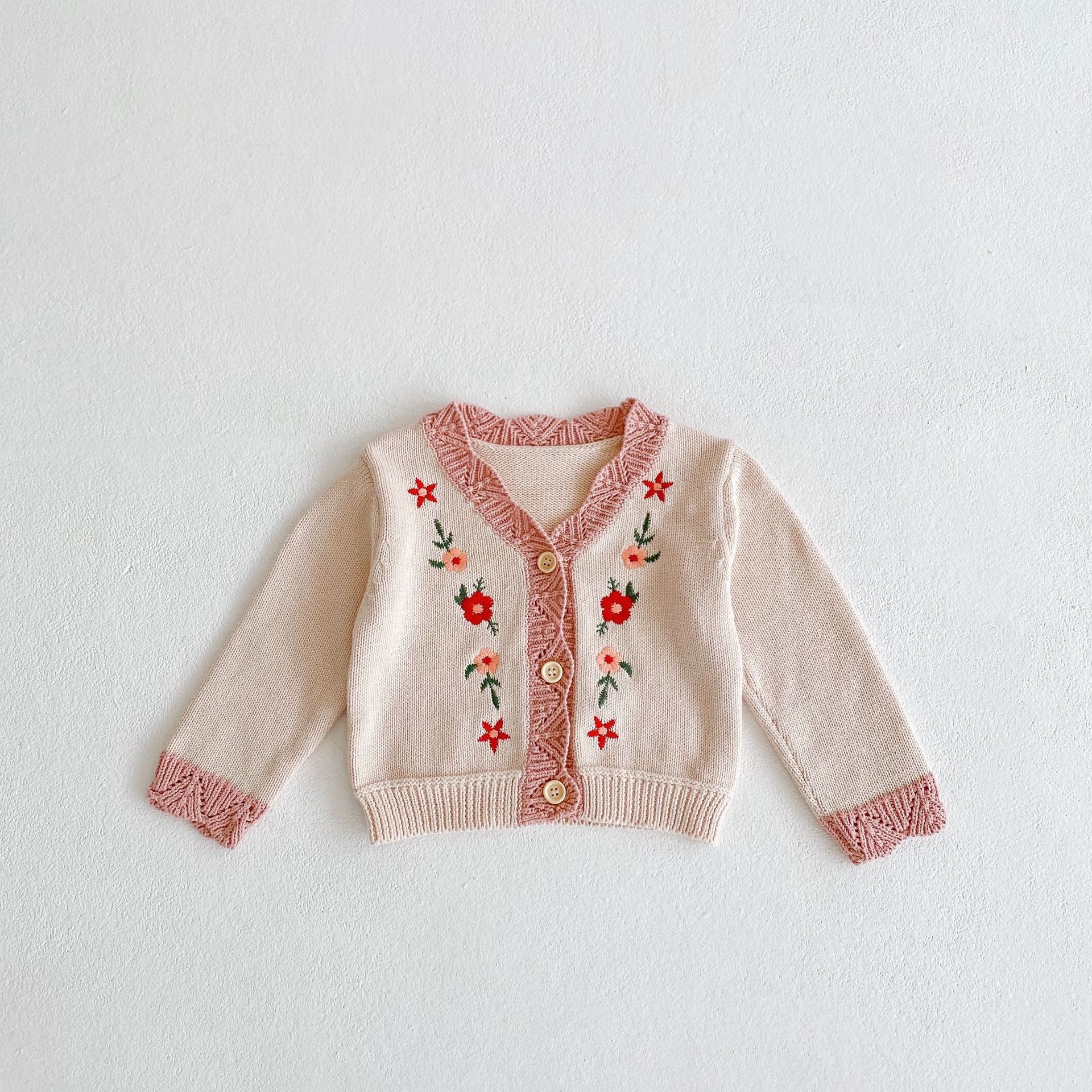 herbst Neue Baby Mädchen betroffen Strickjacke Nette Blume Stickerei zur Seite fahren Langarm Kleine Mädchen Strickjacke Jacke freundlicher betroffen Spitzen: hell Rosa / 6M  66cm