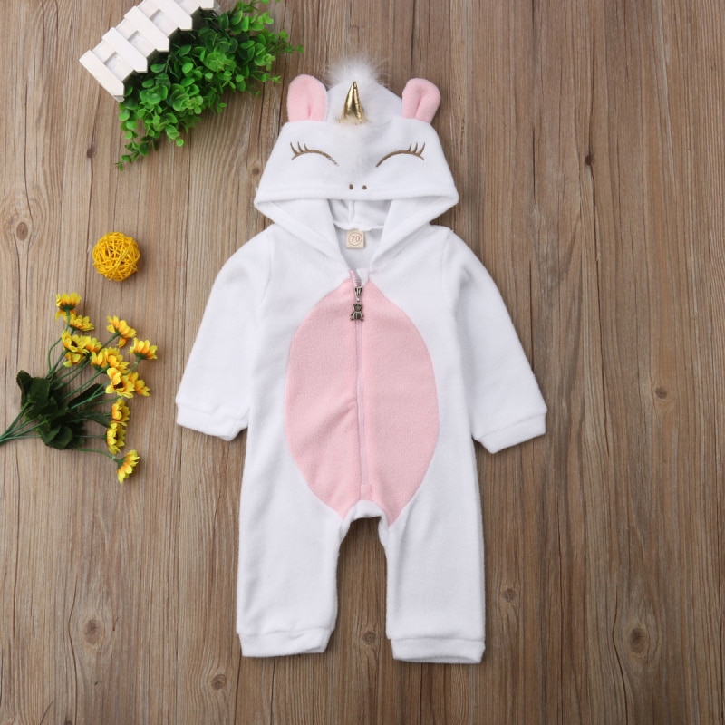Höst vinter småbarn nyfödd flicka kläder 3d enhörningstryckt flanell långärmad varma byxdress jumpsuit outfits