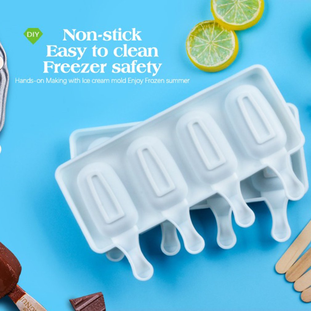 4 Cell Big Size Silicone Ice Cream Mold DIY Popsicle Molds Fruit Ice Cream Mold Desserts Freezer 20 Sticks