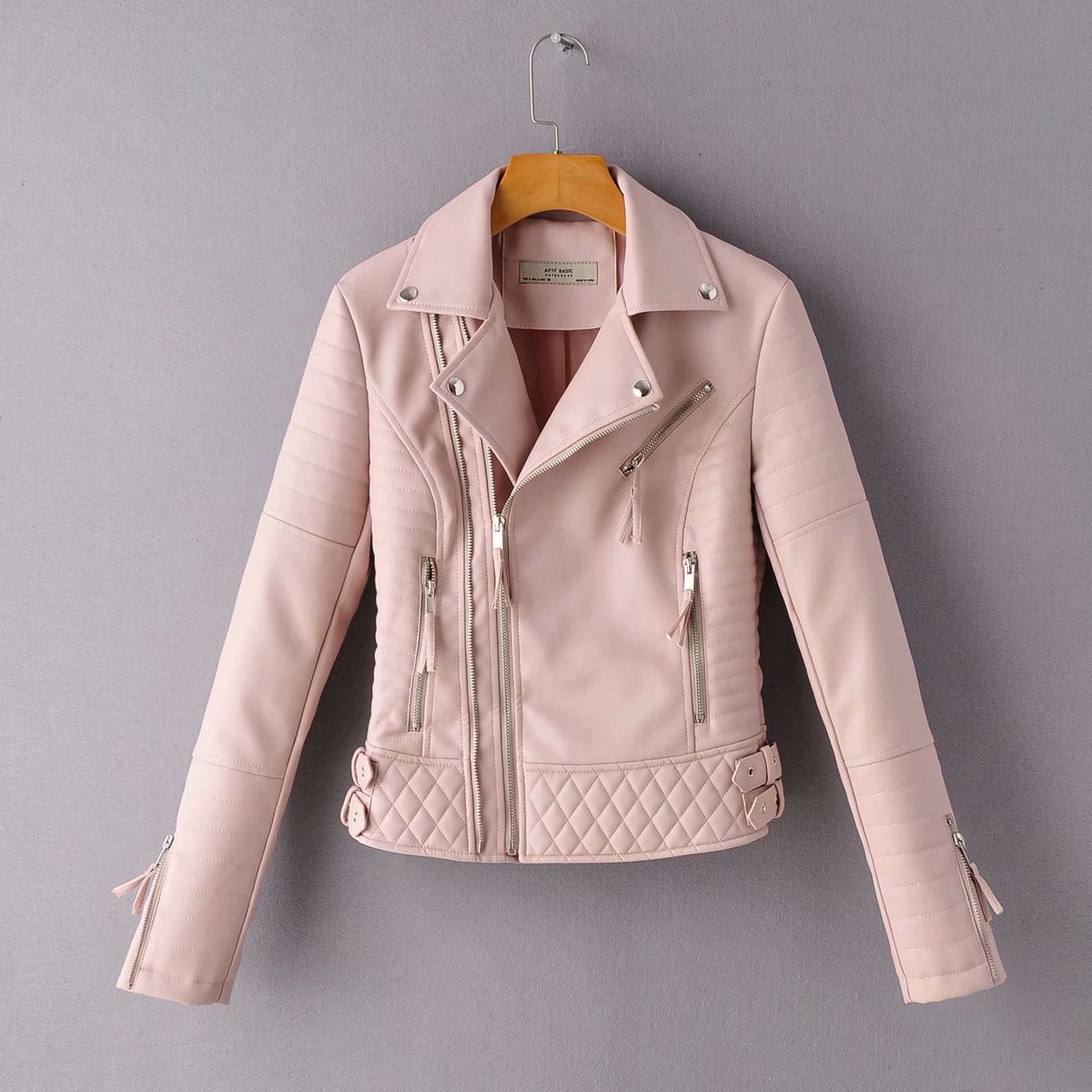 Women's Leather Jacket Motorcycle Autumn Long Sleeve Zipper Soft Faux Leather Jackets White Ladies Female Coats Outerwear: Pink / S