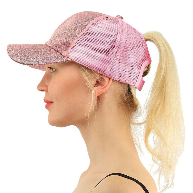 Sommer rodet bun mesh hatte justerbare sport hætter løb cap kvinder mænd bling sequin snapback hat