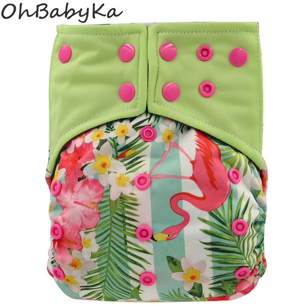 Ohbabyka Newborn Reusable Nappies Cover Flamingo Print Pocket Diaper Washable Baby Cloth Diaper Bamboo Charcoal Diaper Pants