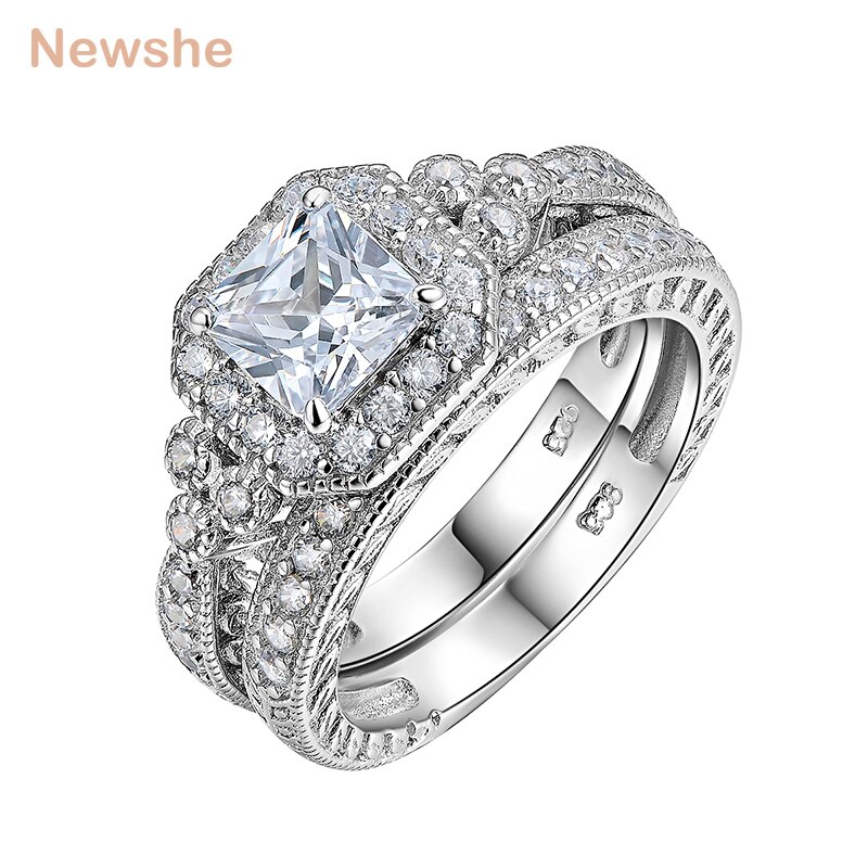 Newshe Genuine 925 Sterling Silver Halo Wedding Engagement Ring Set 1.2 Ct AAA Princess CZ Classic Jewelry For Women JR4970