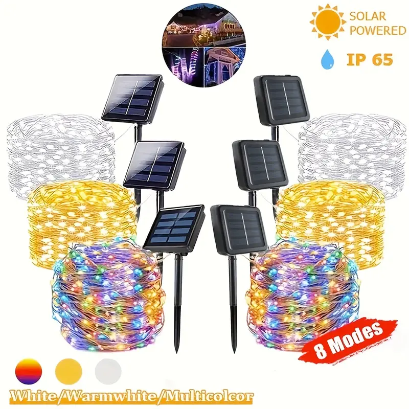 Guirnaldas de luces alimentadas por energía Solar de 12/22/32M, lámpara Solar de alambre de cobre de 300LED, luces de hadas impermeables IP65 para decoración del banquete de boda de Navidad