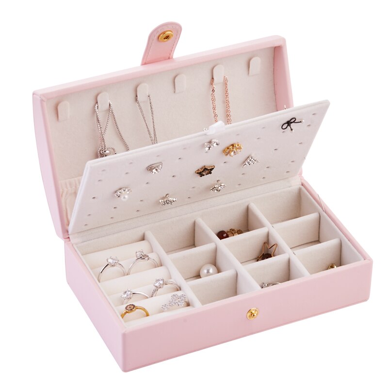 Jewelry Box Portable Multi Function PU Leather Fresh and Simple Earrings Ring Jewellry Storage Necklace Case: Ark Pink