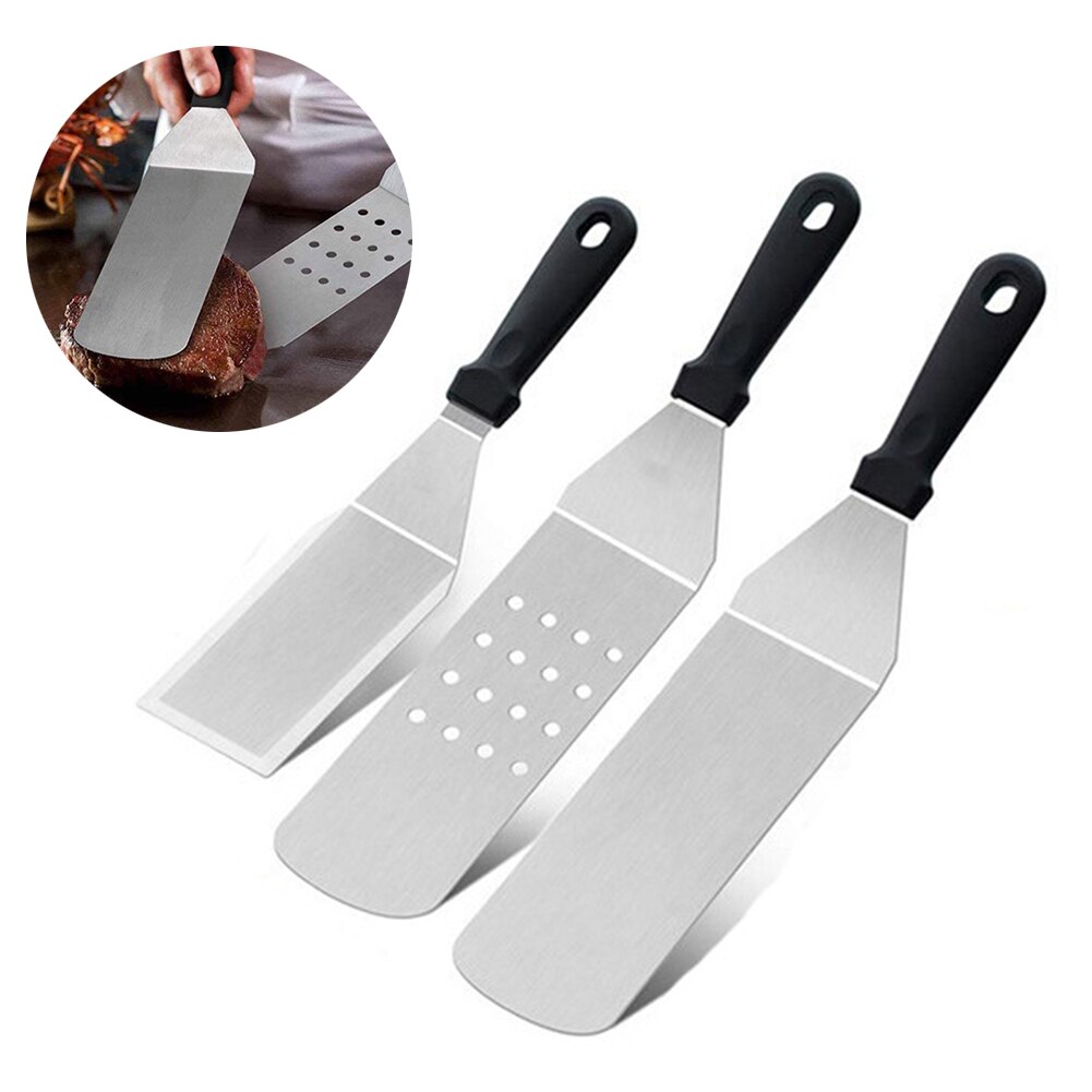 Acero inoxidable Steak pala para fritos Leaky espátula para masa de Pizza Peel Spade herramienta de cocina mango de plástico, herramienta de barbacoa de cocina, no pegajoso