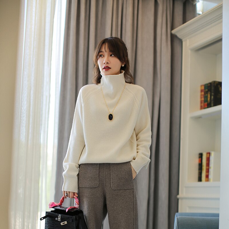 Pull en cachemire épais à col haut pour femme, 100% laine, ample, tricoté, grande taille, automne et hiver: WHITE / L