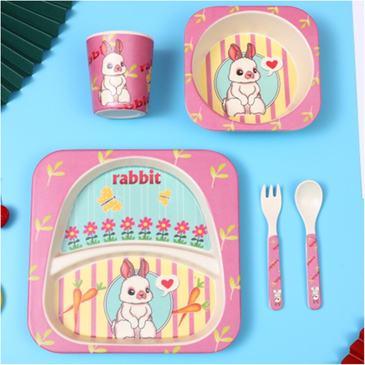 Imebaby5 pièce ensemble bambou vaisselle bambou bol bébé alimentation plaque créative dessin animé enfants bol/tasse/fourchette cuillère coffret: Bunny