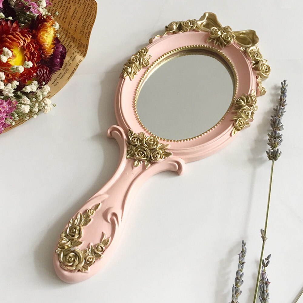 1Pc Princess Style Handheld Mirror Women Cosmetic Mirror Home Makeup Tool: Pink