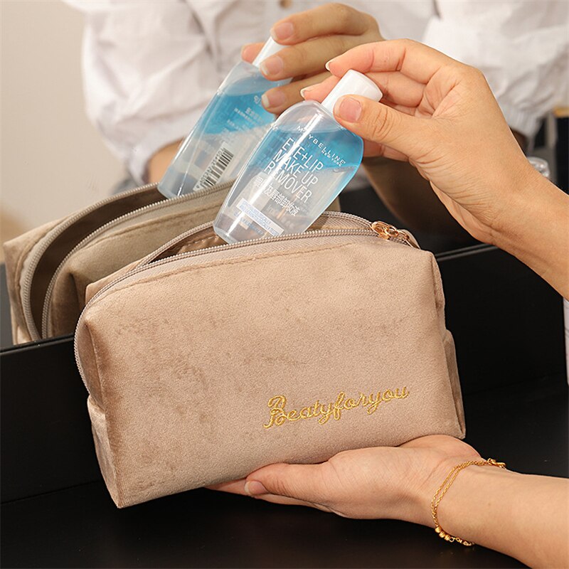 PURDORED 1 Pc Solid Color Cosmetic Bag Soft Velvet Women Make Up Bag Travel Makeup Storage Organizer Toiletry Wash Bag Neceser