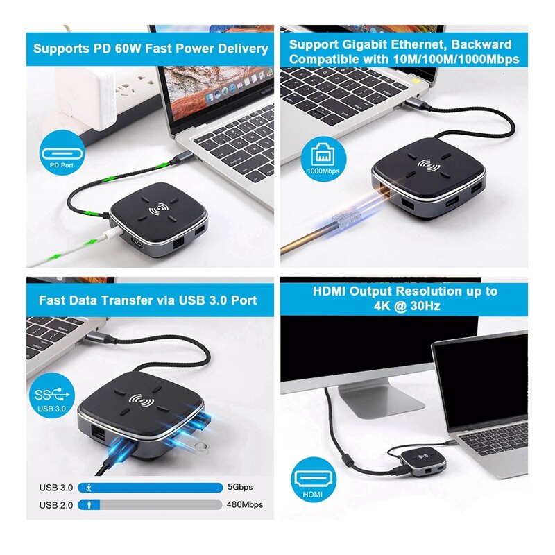 Usb C Hub Multifunctionele Docking Station 9 In 1 Met 10W Draadloze Oplader RJ45 + 3X Usb 3.0 + pd + Sd/Tf Card