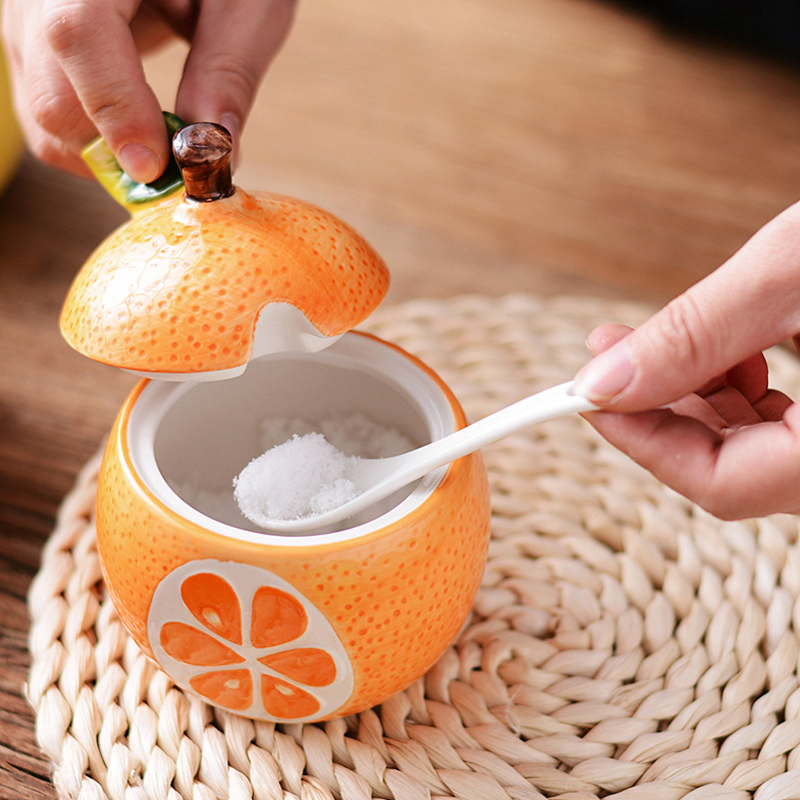 Botella creativa de cerámica para condimentos, recipiente de almacenamiento con forma de melón y fruta, suministros de Decoración de cocina, Bol de azúcar con tapa y cuchara