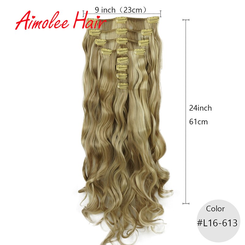 24 pulgadas 8 unids/set Natural largo ondulado rubia rojo destacar sintético postizo de Clip en extensiones de cabello 16 Clip de alta temperatura: L16-613