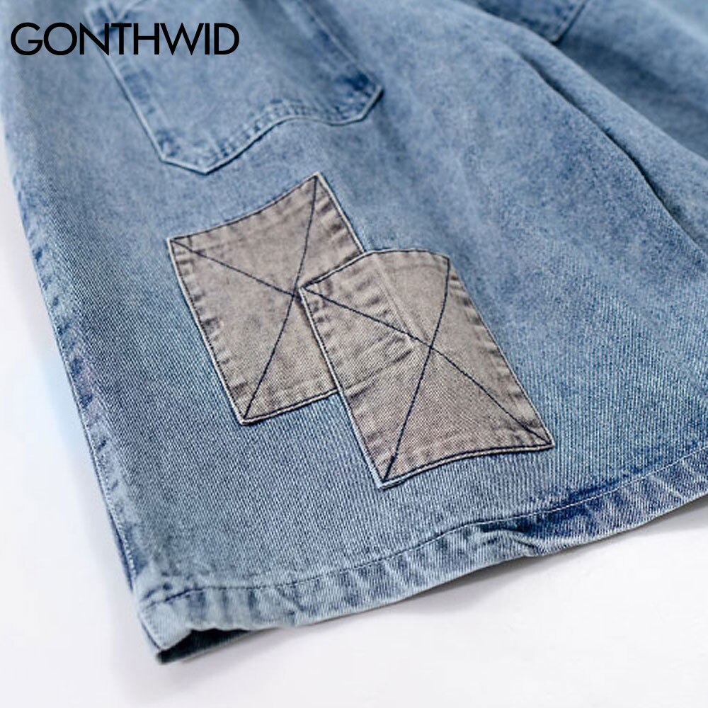 GONTHWID Denim Jean Shorts Streetwear Hip Hop Color Block Patchwork Short Jeans Harajuku Casual Baggy Short Denim Pants