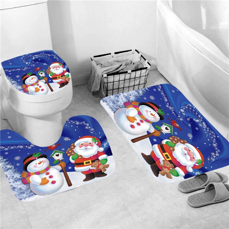 Merry Christmas Shower Curtain Set with Rugs Waterproof Curtain Bathing Screen Anti-slip Toilet Lid Cover Rugs Bathroom Decor: 3 PCS Mats - D