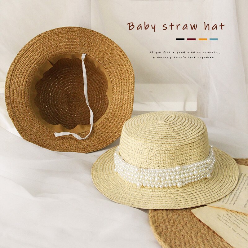 Kids Meisjes Schipper Strohoed Outdoor Brede Rand Zee Zomer Strand Platte Top Zon Caps Met Parel Decoratie Panama Stro cap