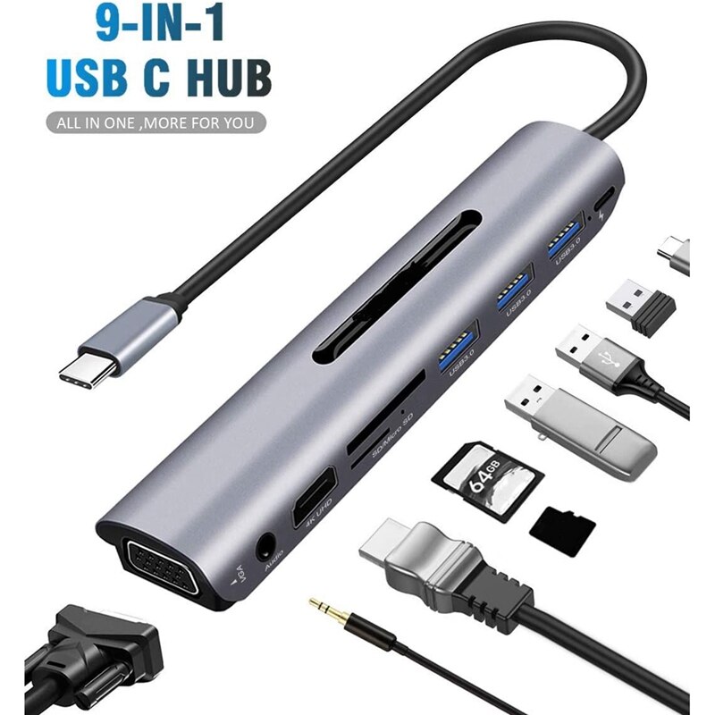 Adaptateur multiport usb c hub 9 in en 1 avec alimentation pd ,  , 4k sorties hdmi, , 3 ports usb 3.0 , lecteur de carte, vga, port o