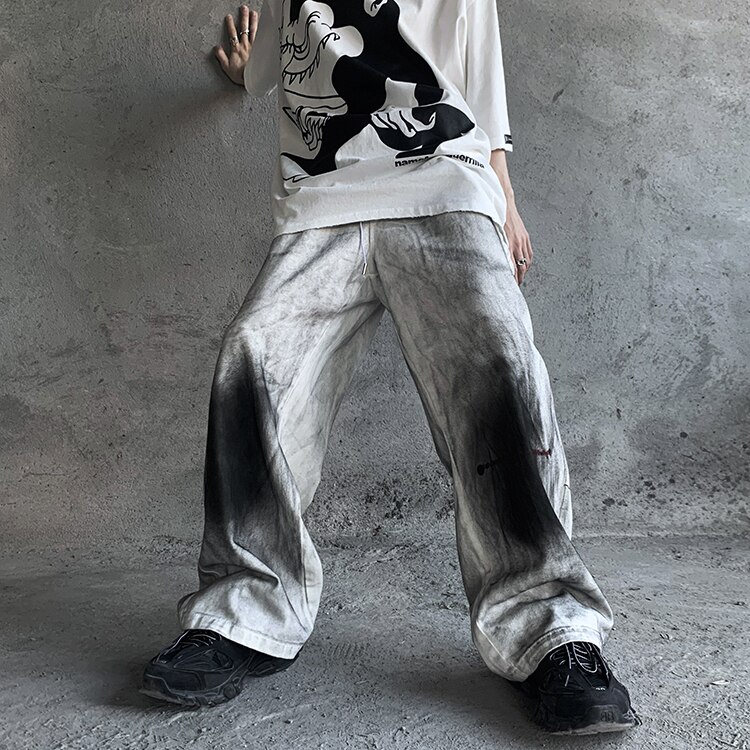 Mænd vintage graffiti printet denim bukser elastisk talje løse lige jeans bukser hip hop streetwear casual joggers jean bukser