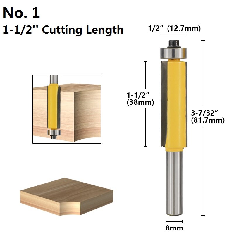 1pc 8mm Shank Flush Trimming Router Bit With Bearing Guide Template Trim Milling Cutter Straight Pattern Router Bit: No.1 38mm