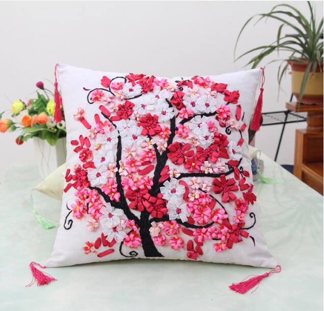 45X45cm Happiness Tree Pillow Ribbon embroidery kit pillow cover set handcraft DIY handmade needlework art home decor: B