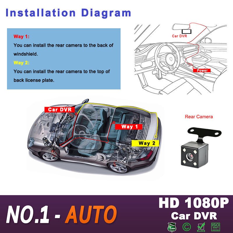 Dash Cam Dual Lens Car DVR Camera Full HD 1080P 4" IPS Front+Rear Blue Mirror Night Vision Video Recorder Parking Monitor