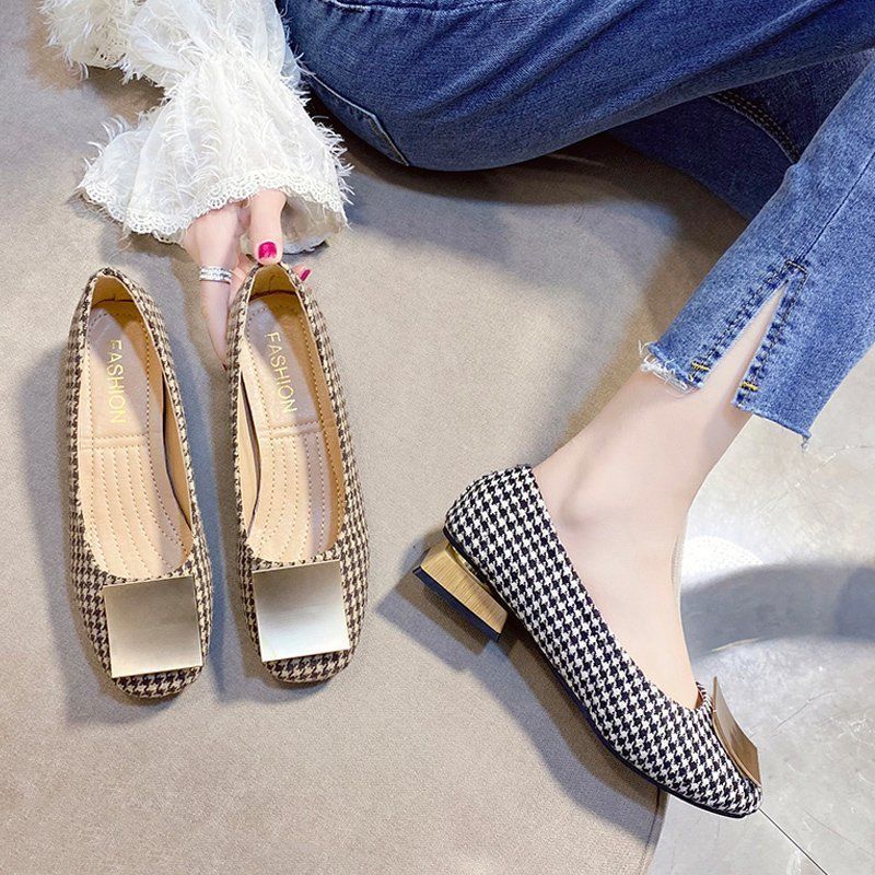 Cresfimix Women Classic Round Toe Office Square Heel Pumps Lady Casual Black Plaid Summer High Heel Shoes C6308