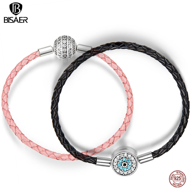 BISAER-Bracelets en cuir CZ clair 925 en argent Sterling Bracelets pour femme, bijoux en argent rose, ECB114