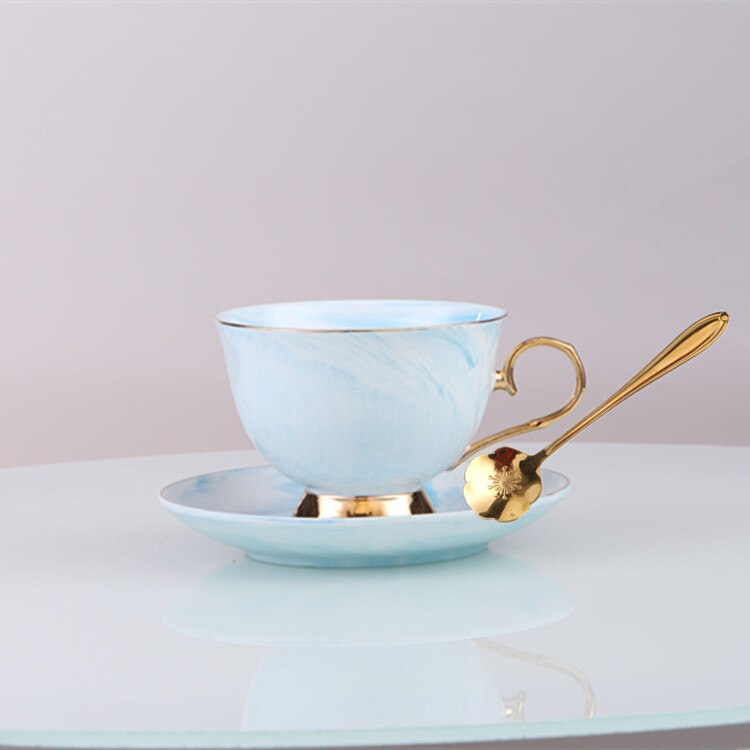 Marmor Keramik Kaffee Tasse Untertasse Löffel Einfache Frühstück Luxus Gold Rand Kaffee Tasse Reise Tazas De Cafe Tassen Und Untertassen Sein50CU: Blau