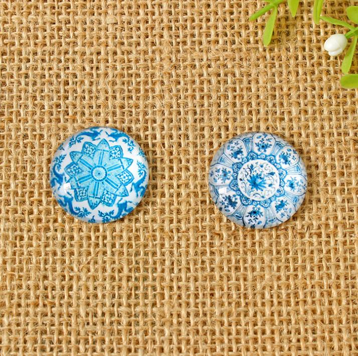 Cabujones de cúpula de cristal de porcelana azul y blanca para fabricación de joyas, gemas estampadas, Media redonda, manualidades, DIY