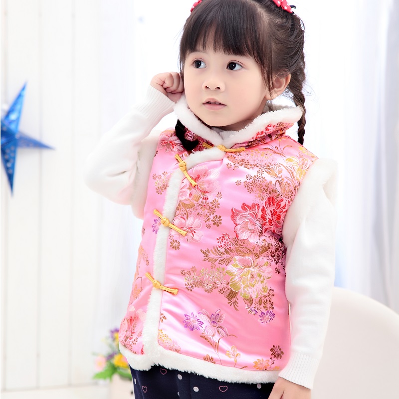 Roze Bloem Kinderen Vest Fleece Baby Meisje Vest Qipao Kleding Lente Festival Kid Jas Cheongsam Outfits Bovenkleding Tank Top