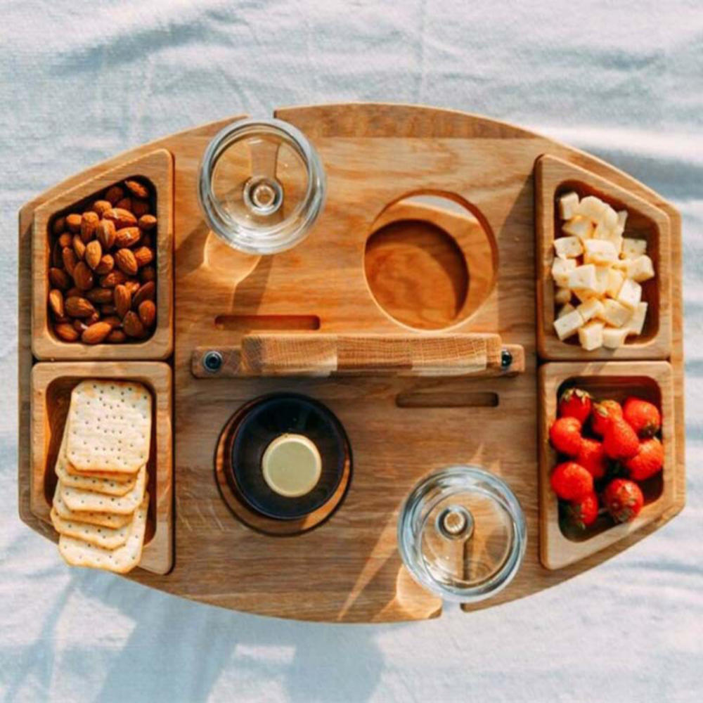 Detachable &amp; Portable Picnic Table Wooden Integrated Wine Fruit Plate Outdoor Camping Accessories For Food Tableware 2022