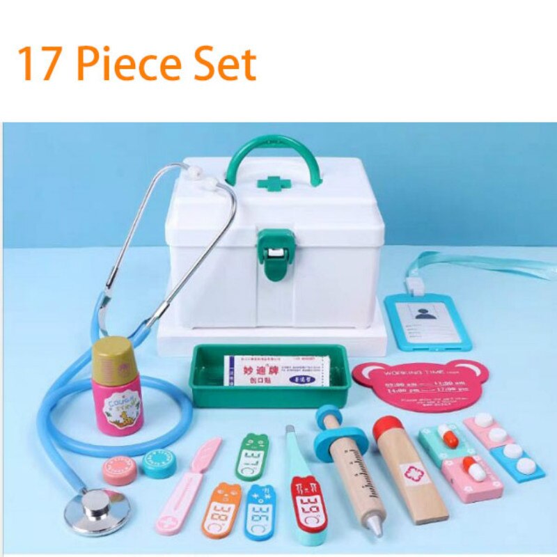 Conjunto de juguetes para médicos para niños, casa de juegos para niñas, simulación de madera de inyección, botiquín, para niños: 17pcs green