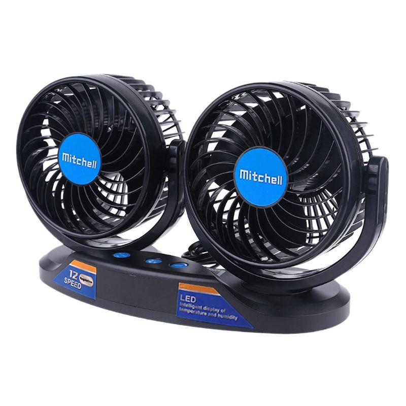 Dual Head 12V Car Fan 12 Speeds 360 Rotatable with Temperature Humidity Display LX9B