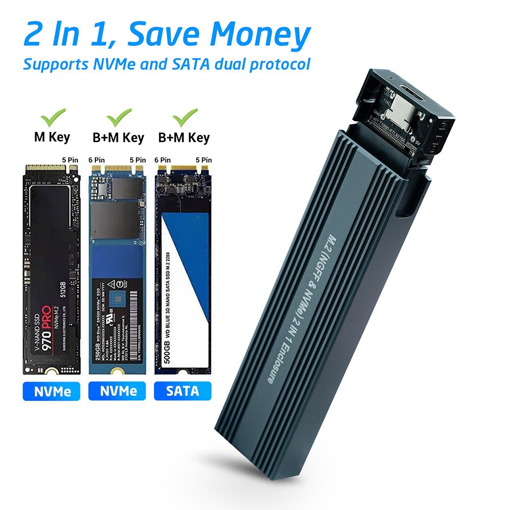 Carcasa de SSD M2 NVMe, adaptador de SSD M.2 a USB 3,1 con protocolo Dual OTG para NVME PCIE NGFF SATA M/B Key 2230/2242/2260/2280