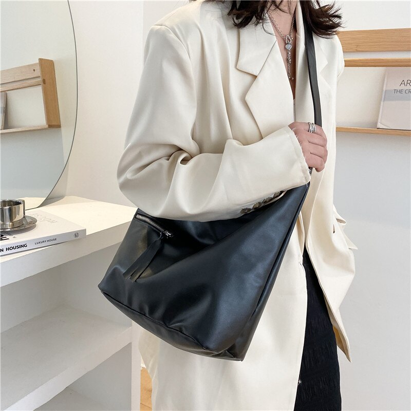 2021Solid Color PU Leather Female Tote Handbag Lady's Shoulder Large Bags Brand Women‘s Casual Zipper Bag