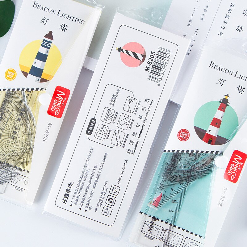 4 pcs/set Cute Straight Ruler Protractor Students Plastic Triangle Ruler Set Kids Office School Supplies