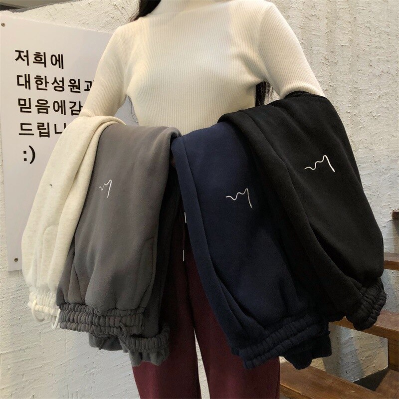 Casual Sport Hosen Für Frauen Stickerei Elastische Hohe Taille Laufen Hosen Lose Beiläufige Warme Jogginghose Winter