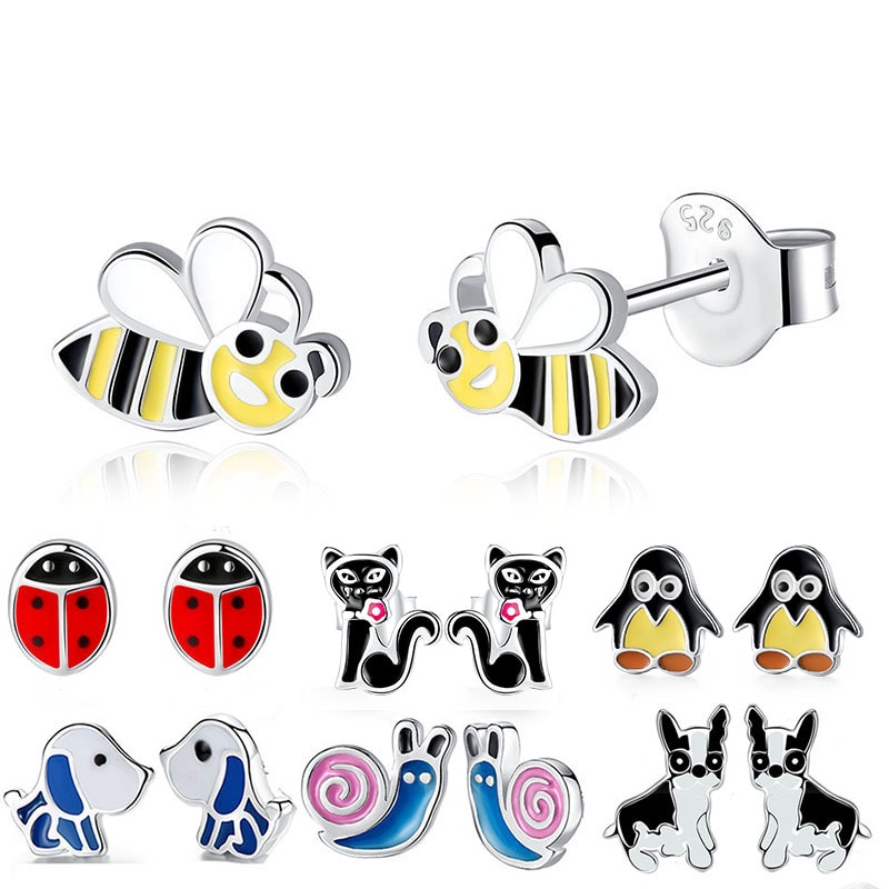 Pendientes de broche de abeja esmaltados para mujer y niño, colección de animales de Navidad, Plata de Ley 925 Original, de joyería para el Día de los niños