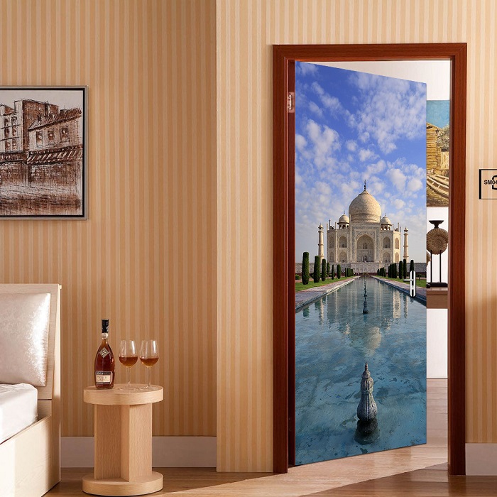 77 x 200cm indiska taj mahal landskap dörrklistermärken för sovrum, vardagsrum 3d vinyl heminredningsdekaler vattentät självhäftande tapeter: Default Title